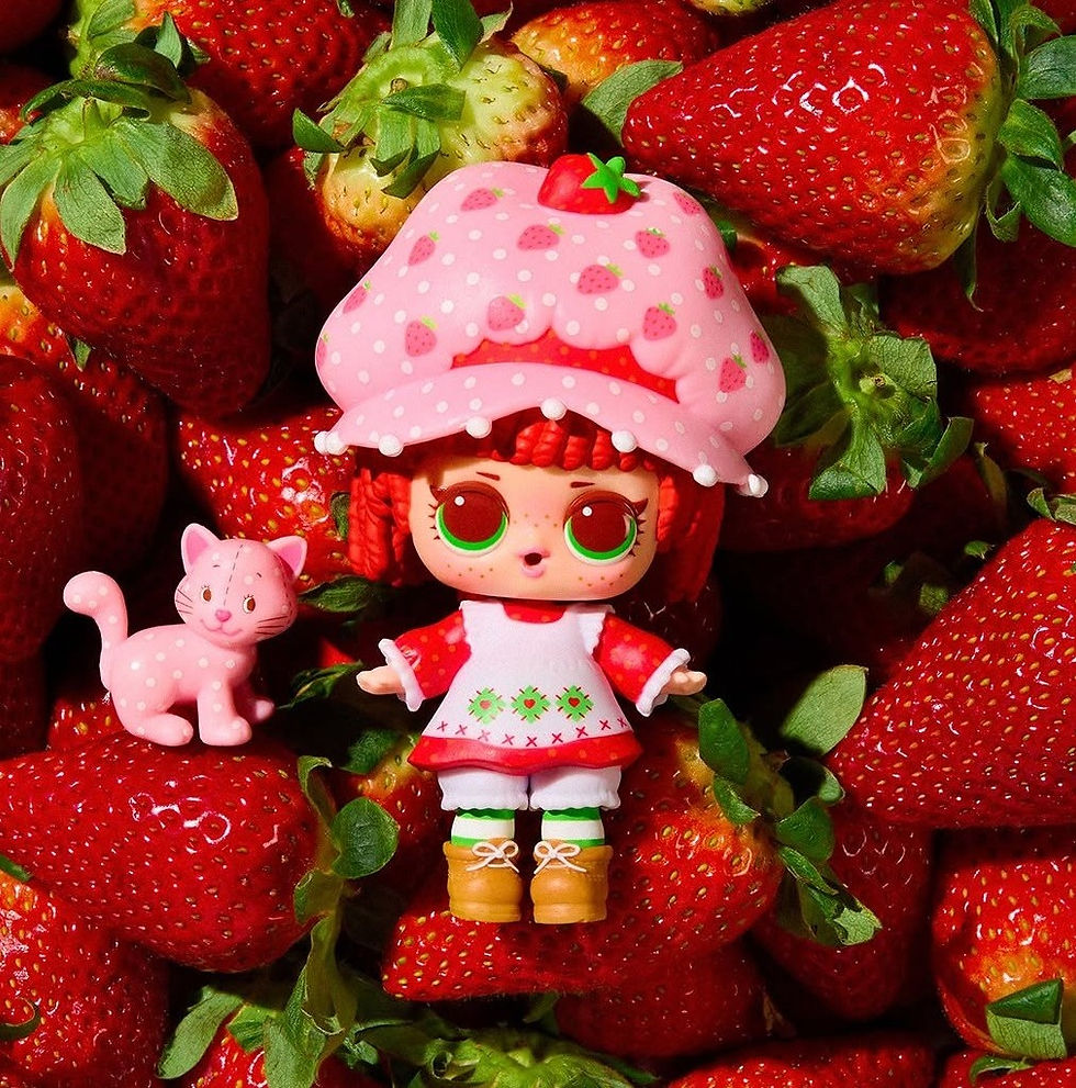 A close-up of a pink fruit basket resting on a girl's shoulder.