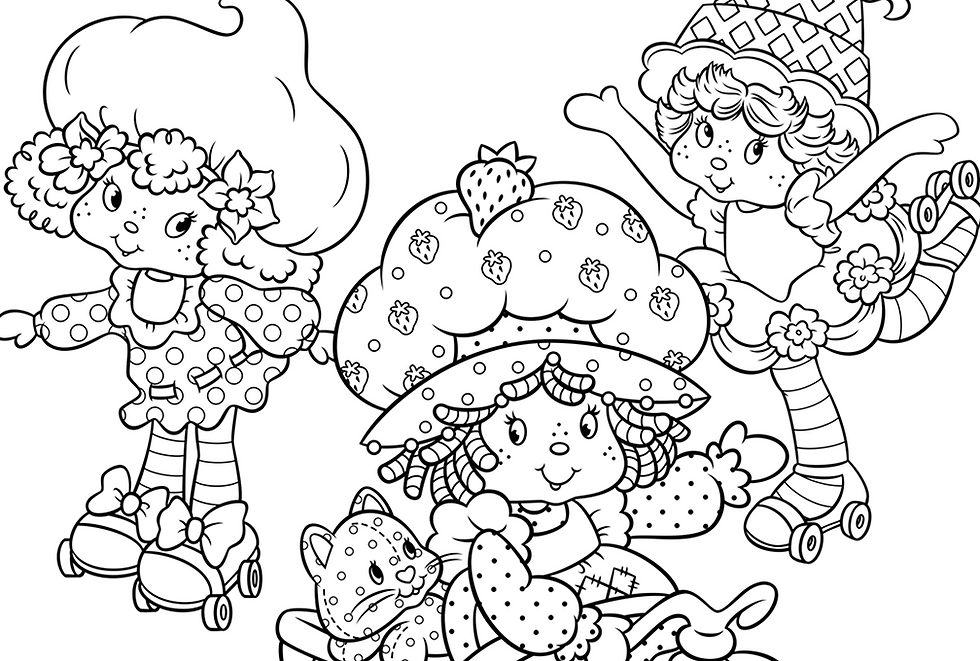 Coloring page showing three characters riding skates and a bicycle, with a small pet seated in a front basket.