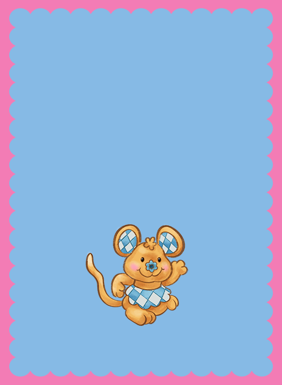 A small mouse character sitting upright, wearing a blue patterned collar, waving one paw.