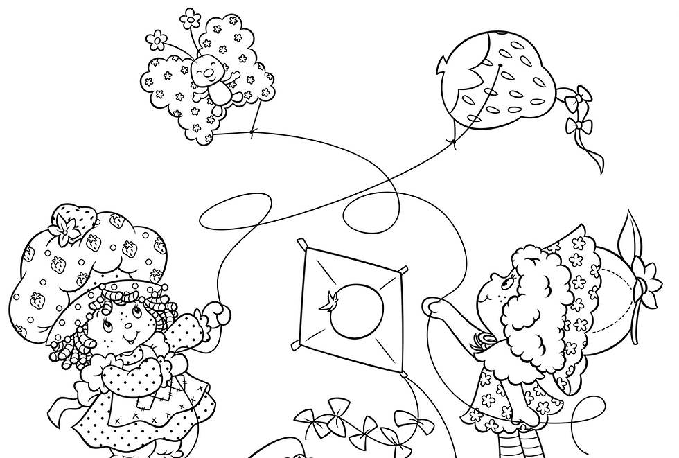Coloring page with characters flying a kite and holding balloons, with looping kite string lines across the page.