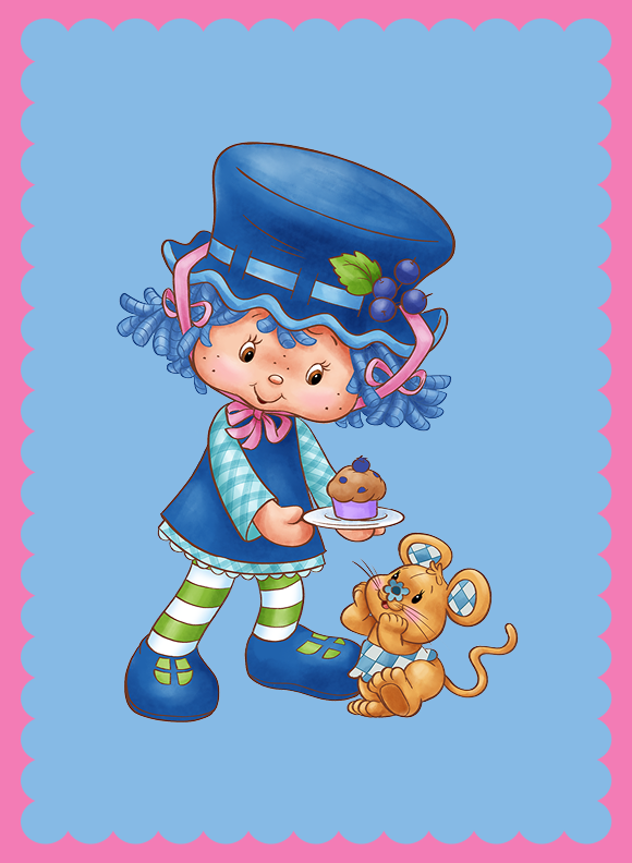 A character in a blue outfit and tall hat offering a small dessert on a plate to a mouse companion standing nearby.