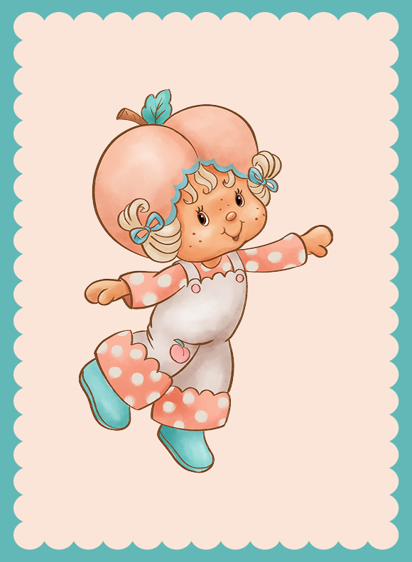 A small toddler character wearing a peach themed bonnet and overalls, arms outstretched mid step, with teal shoes and playful movement.