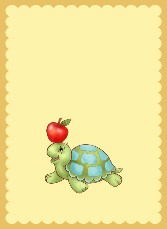 A turtle character walking steadily with a patterned shell and a red apple balanced carefully on the head.