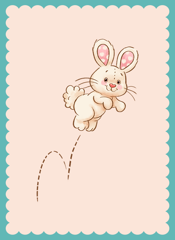 A white bunny character mid hop with long ears, dotted inner ears, and a dashed motion trail showing the jump.