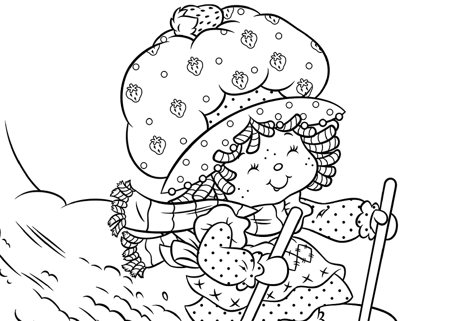Coloring page of a character skiing downhill with poles, wearing a strawberry-themed hat and winter outfit.