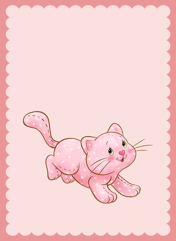 A pink, polka dotted cat crouched low with tail raised, paws forward, and whiskers extended.