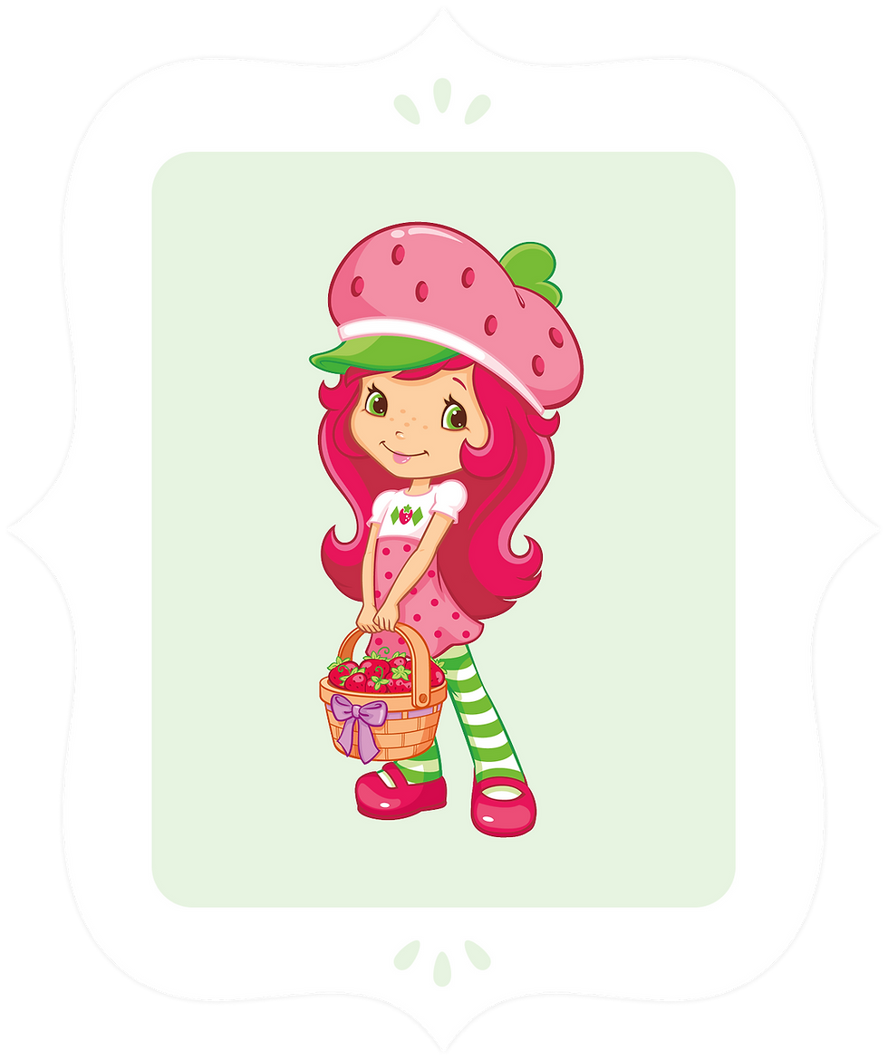 A girl with long pink hair, wearing a large strawberry hat standing a holding a basket of strawberries.