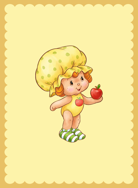 A toddler character wearing a green polka dot bonnet and romper, holding a red apple and standing in striped socks.