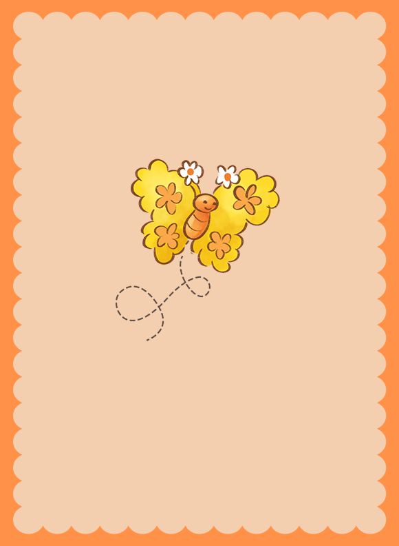 A small butterfly character with rounded wings decorated in flower shapes, shown hovering with wings open.