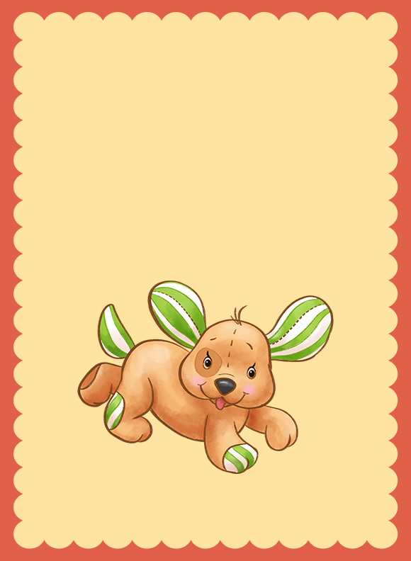 A small dog character lying low with floppy ears and striped ear details, looking forward with tongue slightly out.