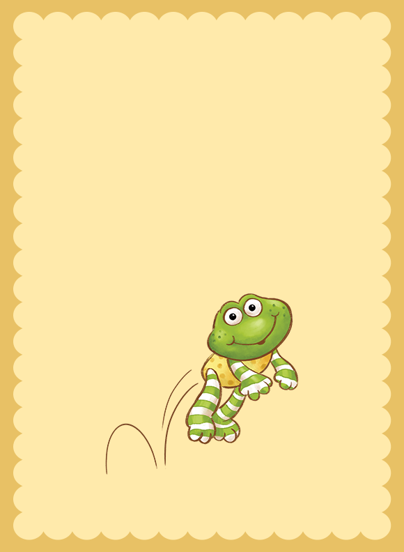 A frog character mid leap, wearing striped leg warmers, with arms extended and motion lines beneath.