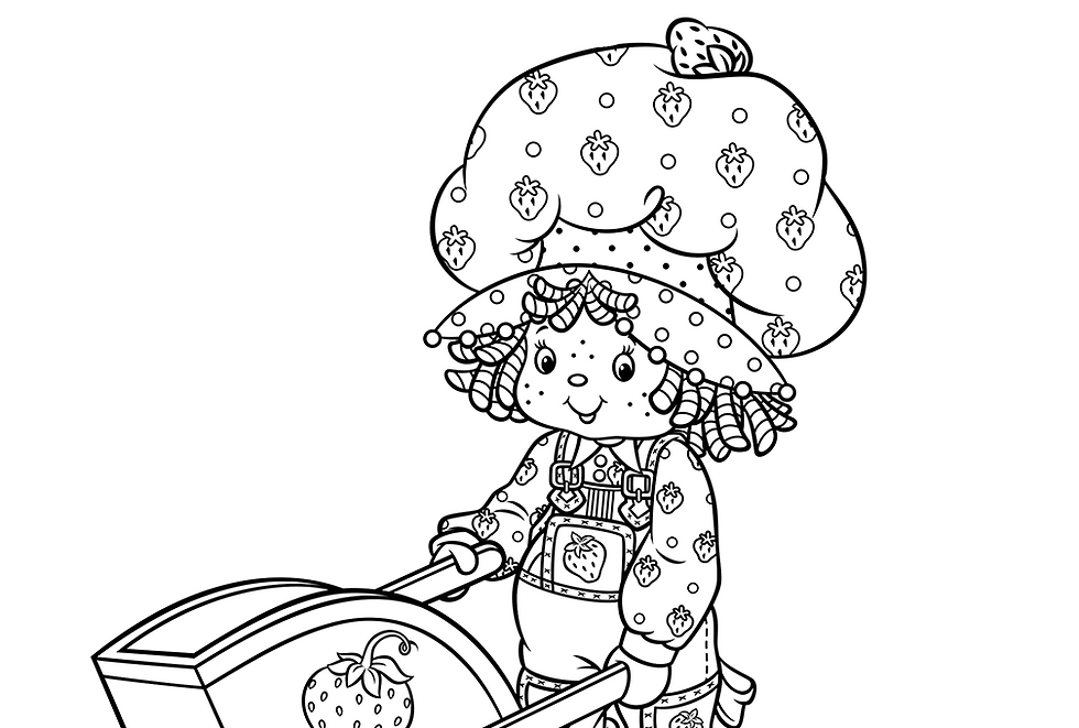 Coloring page showing a character pushing a wheelbarrow with a strawberry emblem, with fruit and a pet nearby on the ground.