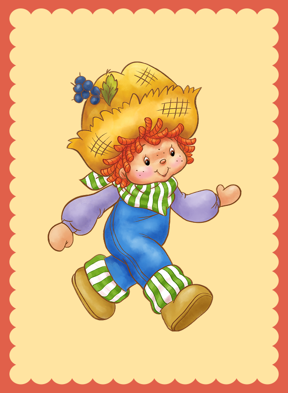 A character in blue overalls and a straw hat with berries, walking with arms swinging and striped scarf and socks.