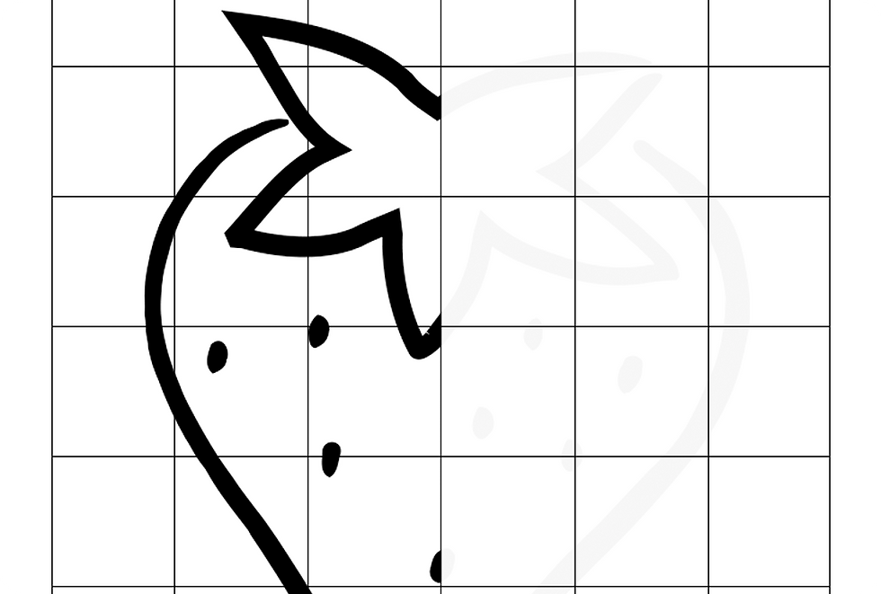 Partial outline of a strawberry on a grid, inviting the viewer to complete the drawing by filling in the missing half.