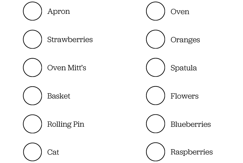 Printable scavenger hunt with a checklist of kitchen items, fruits, flowers, and pets, each with a circle for marking found items.