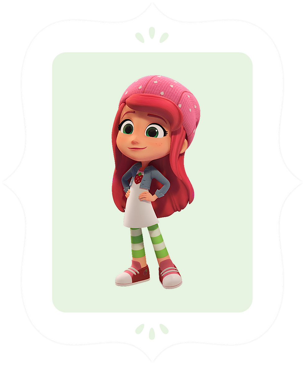 A girl with long pink hair, wearing a large straw berry hat standing with her hand on her waist.